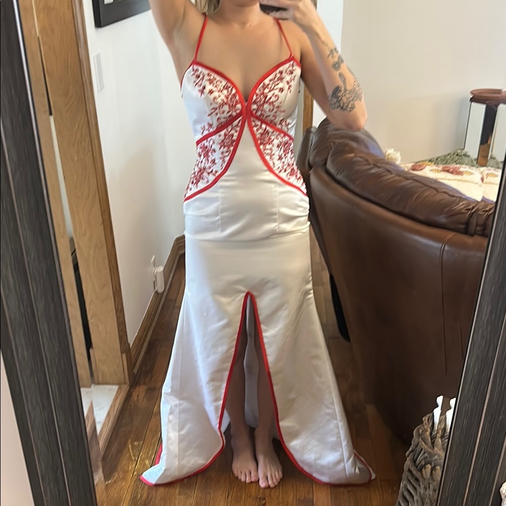 Mori Lee Elegant White and Red Evening Gown